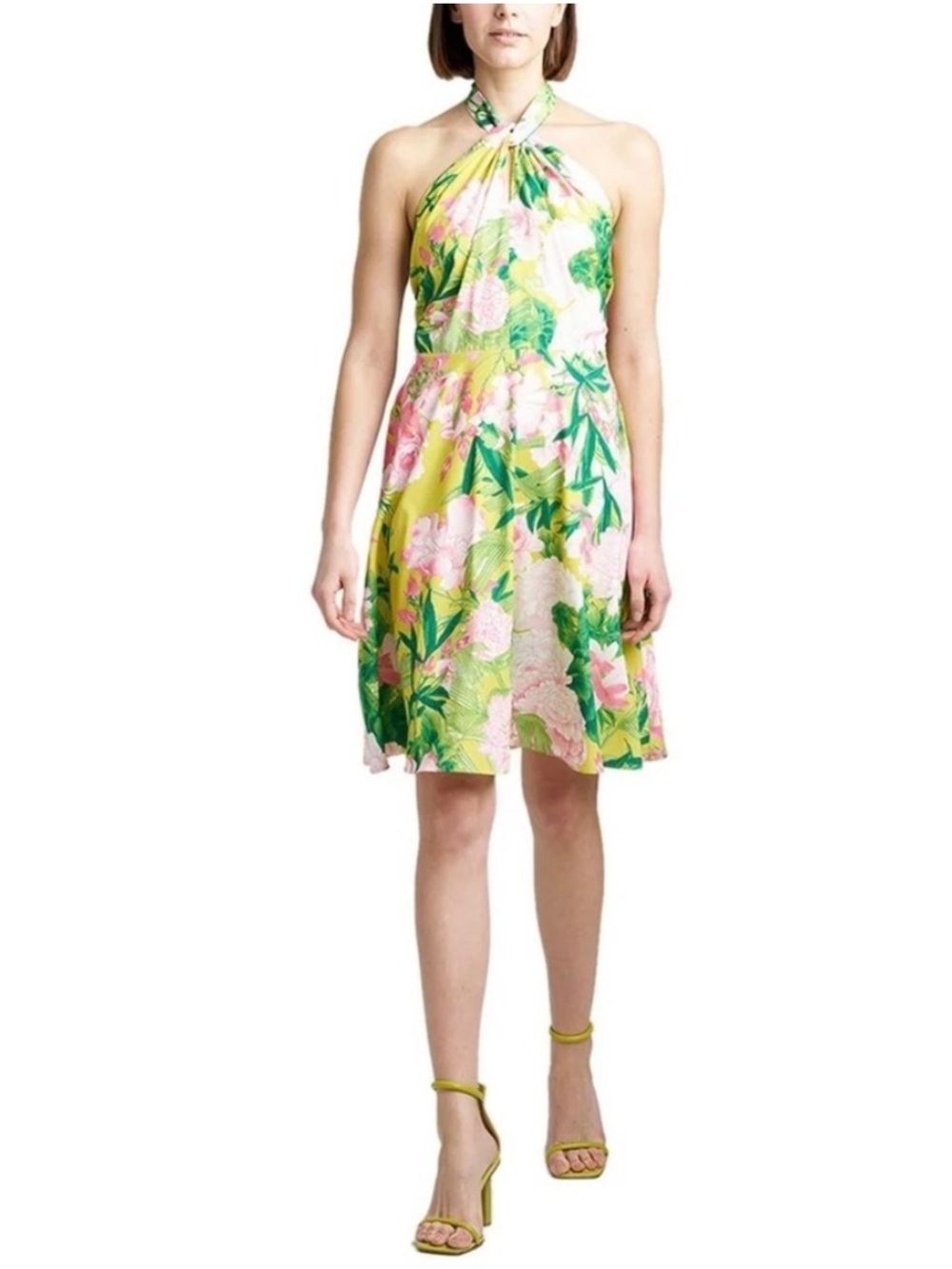 NWT Natori Halter Floral A-Line Midi Dress in Passion Peony Yellow sz 16 - $180